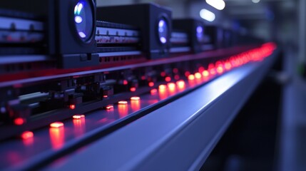Several industrial printers are working at high speed, printing on a conveyor belt illuminated by red lights, showcasing the efficiency and automation of modern printing technology