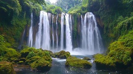 Obraz premium Mesmerizing Cascading Waterfall Surrounded by Lush Green Wilderness in Tropical Forest Landscape