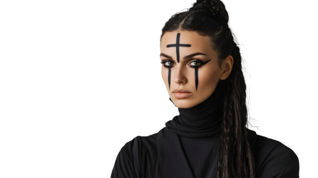 Portrait of a religious woman with a black cross on her face isolated on white background