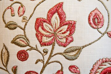 Elegant Red and Beige Floral Embroidery on Linen Fabric Texture