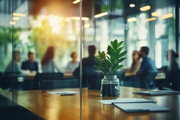 Group of people are sitting around a table with a potted plant in the middle