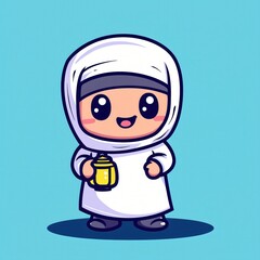 Obraz premium Adorable Cartoon Girl in Traditional Muslim Attire Holding Lantern