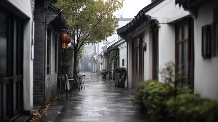 Fototapeta premium A tranquil, narrow street lined with traditional architecture and wet from rain, evokes nostalgic peace on a quiet day.