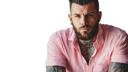 Portrait of a tattooed man in pink shirt at window isolated on white background