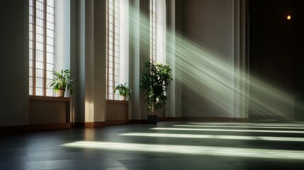 Fototapeta premium Sunlight streams through large windows onto an empty floor, casting geometric patterns that grace the still interior.