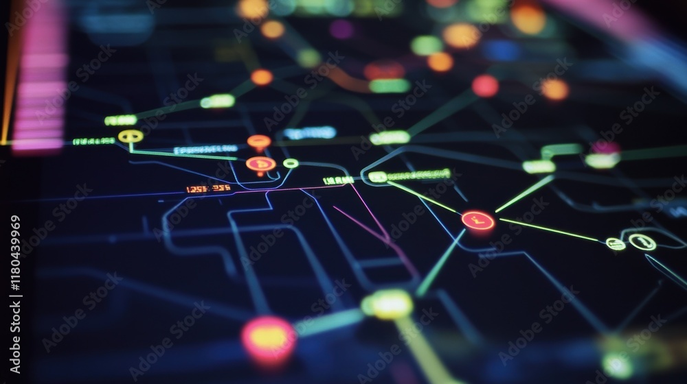 Poster futuristic digital interface featuring an interactive map with glowing markers, data points, and int