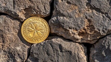 Gold Coin on Weathered Stone Wall in Dramatic Light