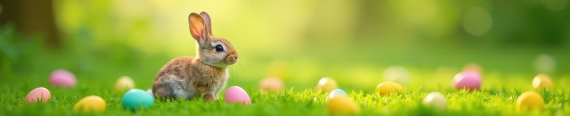 Obraz premium Adorable little bunny sitting on a patch of green grass with colorful Easter eggs surrounding it, small creature, green grass, spring