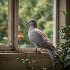 Fototapeta premium A collared dove perched near a window with a serene garden view.