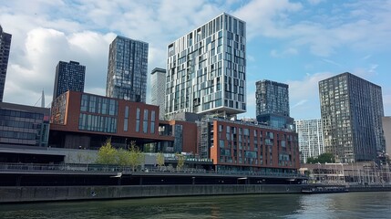 Obraz premium Modern Urban Architecture with Reflecting Water in Urban Setting