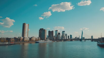 Fototapeta premium Scenic Cityscape View with Water Reflection and Cloudy Sky