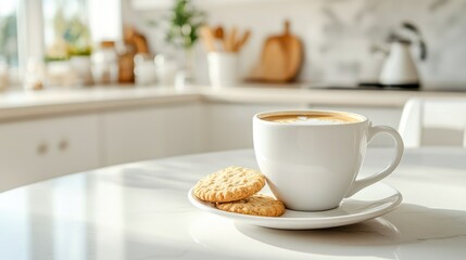 A white coffee cup and cookies on a saucer, surrounded by a clean, bright kitchen atmosphere.