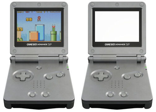 Game Boy Advance SP Handheld with Super Mario video game Console Mockup - transparent PNG