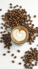 Creamy cafe latte, roasted coffee beans, white background, cup, brown, creamy