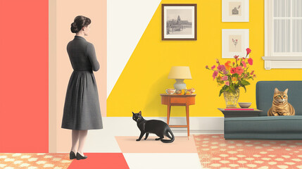 lady and cat, glitch, information technology, low signal, pixelated, dot art, low resolution