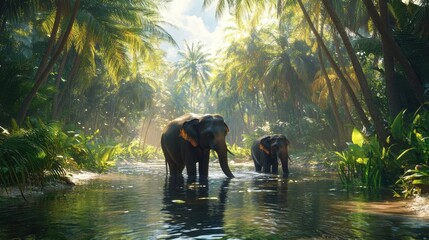 Naklejka premium Elephants standing in knee-deep water in a clear forest stream, surrounded by lush tropical vegetation.