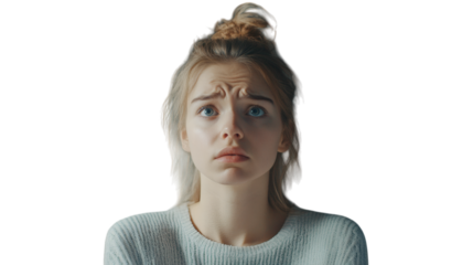 Portrait of a young woman with expressions of worry surrounded by symbolic thoughts