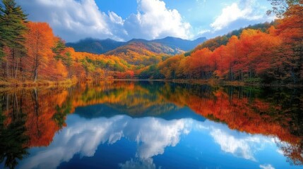 Fototapeta premium Vibrant autumn foliage reflected in a calm lake, surrounded by colorful trees and mountains under a partly cloudy sky.