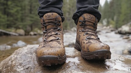 Rugged outdoor boots with mud splatter resting on a rock in a scenic forest.