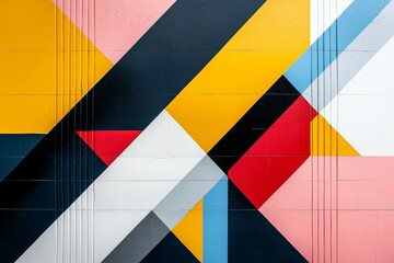 Colorful abstract painting with red, yellow, and blue stripes
