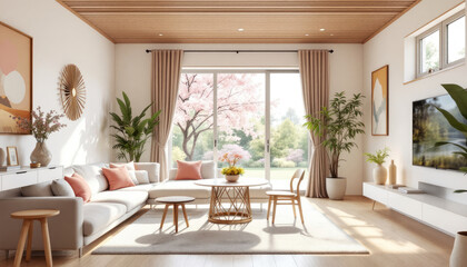 Modern japandi living room with a large window, wooden ceiling, and a view of trees outside.