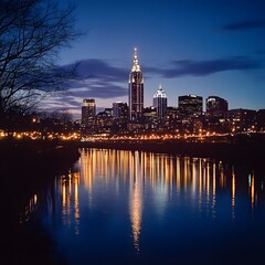 Fototapeta premium Captivating City Skyline Reflecting in Tranquil River at Night
