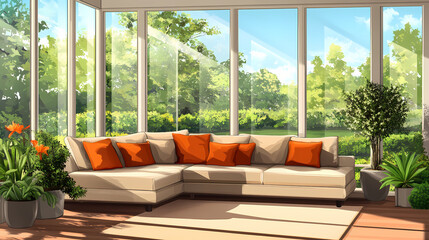 Fototapeta premium Luxurious sectional sofa in modern sunroom overlooking lush green garden. Solarchime. Illustration