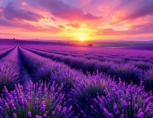 Obraz premium Lavender Sunset: Serene Purple Fields at Golden Hour