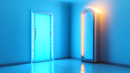 Modern vertical turbo solarium light machine with glowing blue ultraviolet lamps for tanning and skin care stands in an empty room with open door. Solarchime. Illustration