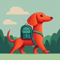 Playful orange dog with backpack walking in a nature setting