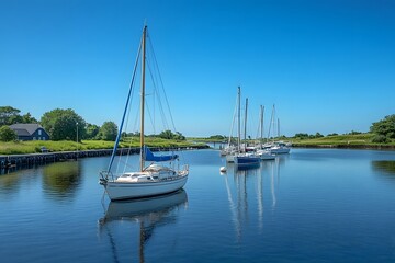 Obraz premium Peaceful Marina with Moored Sailboats Under a Clear Blue Sky
