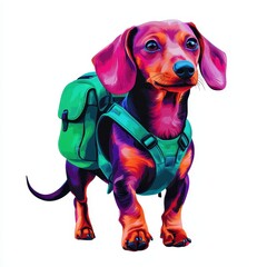 Colorful Dachshund with Backpack Surrounded by Vibrant Design Elements