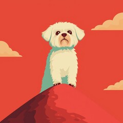 Cute Dog in Superhero Cape Standing on Mountain with Red Sky