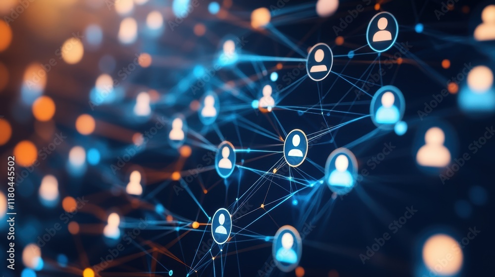 Poster futuristic network connecting user icons with glowing lines, symbolizing global communication and so