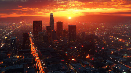 Fototapeta premium Los Angeles Skyline Sunset Cityscape Illuminates Night