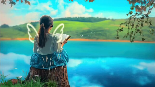 Girl reading book with glowing angel wings by a lake in a tranquil landscape. Seamless looping video background