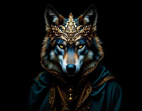 Majestic Wolf King: Regal Golden Crown, Dark Teal Robe, Dramatic Portrait