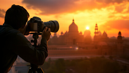 A professional photographer taking a photo, palace background
