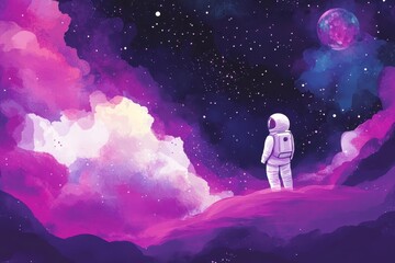 Obraz premium Astronaut Gazing at a Purple Cosmic Landscape