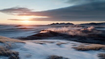 A vast snowy landscape bathed in soft sunrise glow, with steam rising from the earth, creating a dramatic and serene effect.