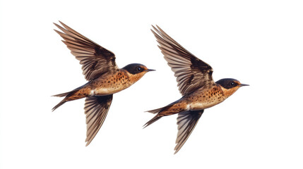Two brown birds in flight, isolated on white background.