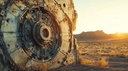 Obraz premium A colossal, weathered structure stands in a desert under a golden sunset, echoing stories of forgotten sci-fi worlds.