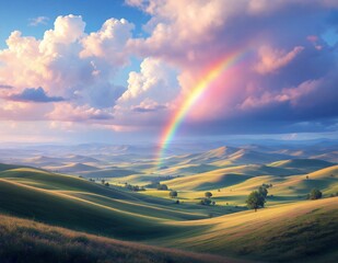Rolling Hills Landscape with Vibrant Rainbow at Sunset