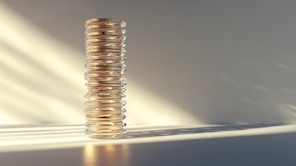 Stack of Gold Coins on Crystal Pedestal in Studio Light