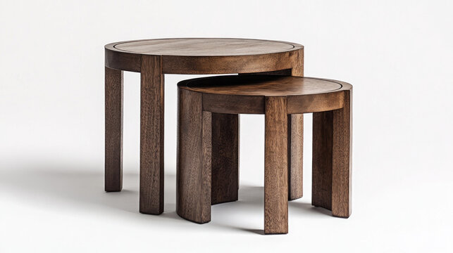 Two dark brown wooden nesting tables on white background.