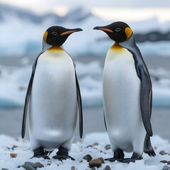 Fototapeta premium A Pair of Penguins Standing on an Icy Shoreline with an Antarctic Backdrop
