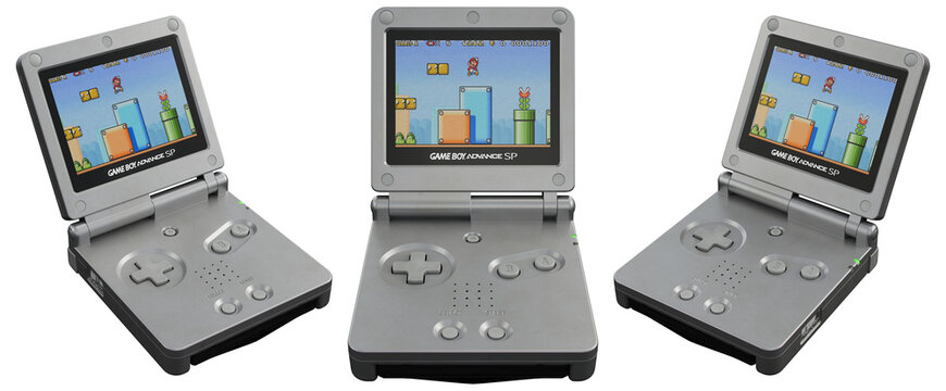 Game Boy Advance SP with Super Mario handheld Console various angles - transparent PNG