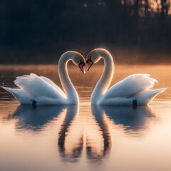 Fototapeta premium Romantic Swans Forming Heart Shape at Golden Sunrise on Calm Lake