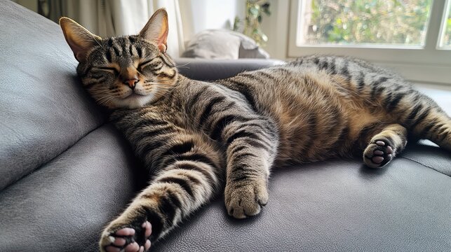 Relaxed tabby cat sleeping peacefully on a grey couch near a window. - Powered by Adobe