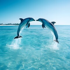 Fototapeta premium Two Dolphins Leaping Gracefully in Vibrant Ocean Waters